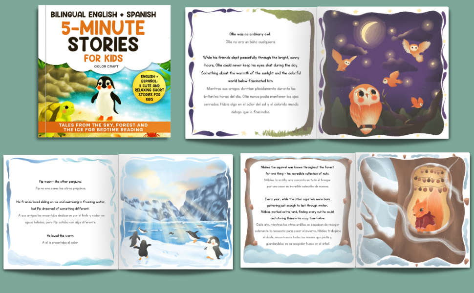 Bilingual 5-Minute Stories For Kids: Tales From The Sky, Forest and Ice For Bedtime, in English + Spanish