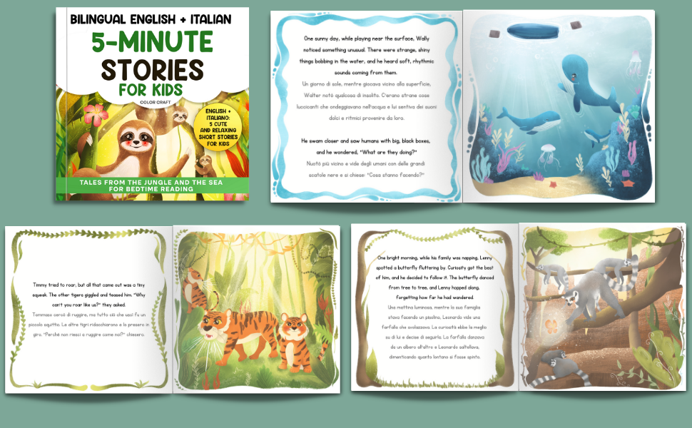 Bilingual 5-Minute Stories For Kids: Tales From The Jungle And The Sea For Bedtime, in English + Italian