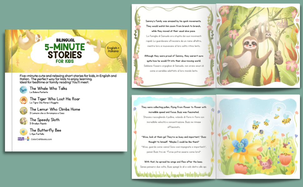 Bilingual 5-Minute Stories For Kids: Tales From The Jungle And The Sea For Bedtime, in English + Italian
